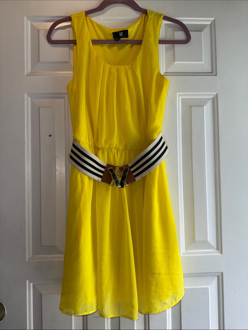 Iz Byer Sunny Yellow Sleeveless Dress with Striped Belt